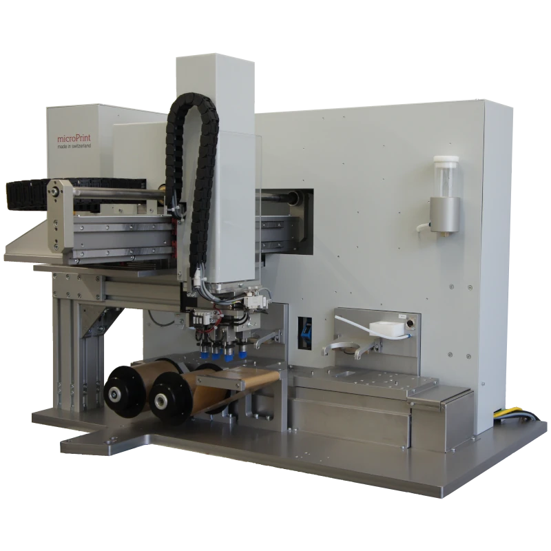 Sonderausführung einer Tampondruckmaschine für den Einbau in eine Montagezelle